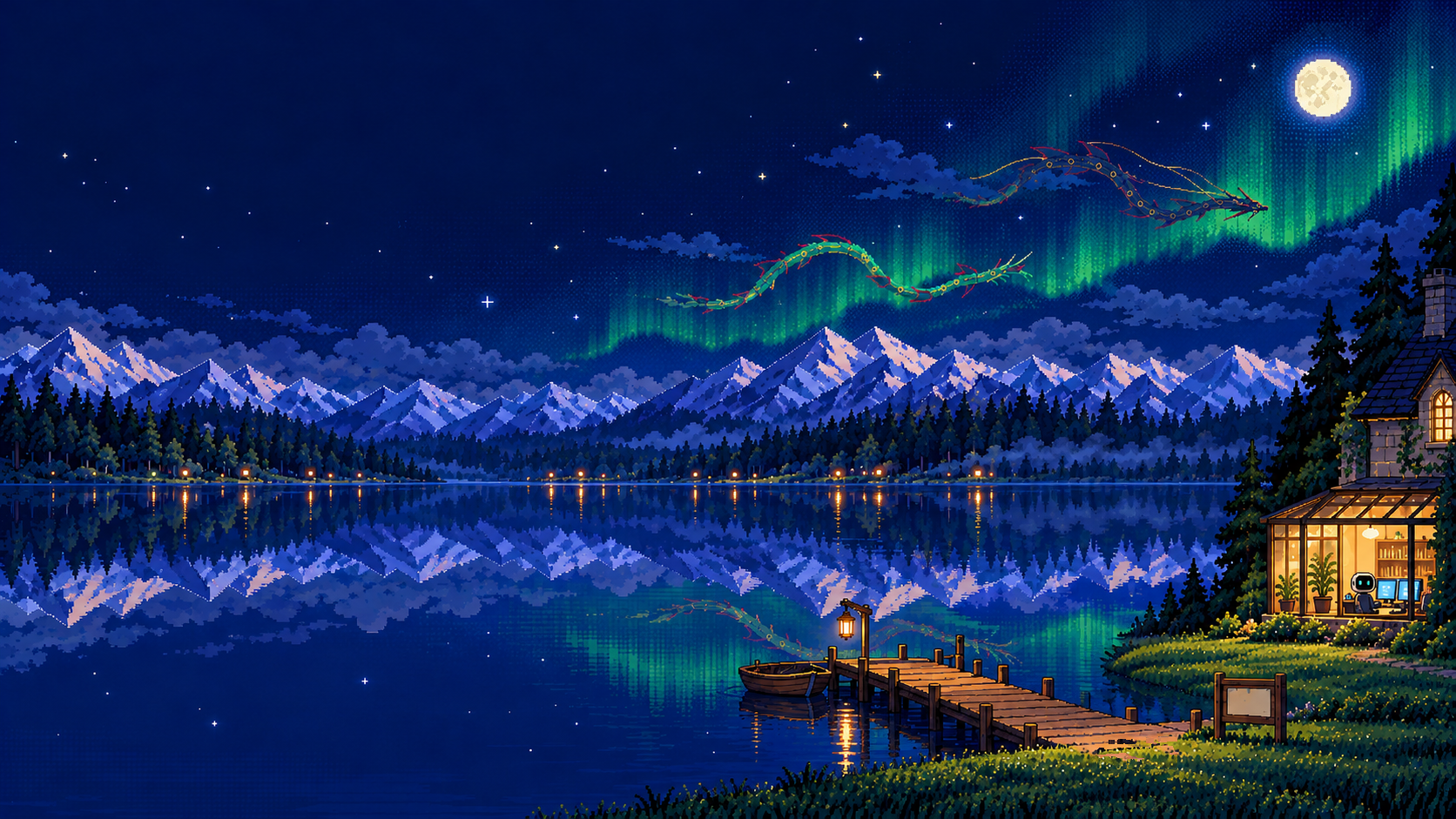 夜晚湖边的高视角远景:大片夜空和镜面湖,夜空里游着一绿一黑两条龙,右下是栈桥、灯柱、小船和玻璃书房,远处雪山和极光